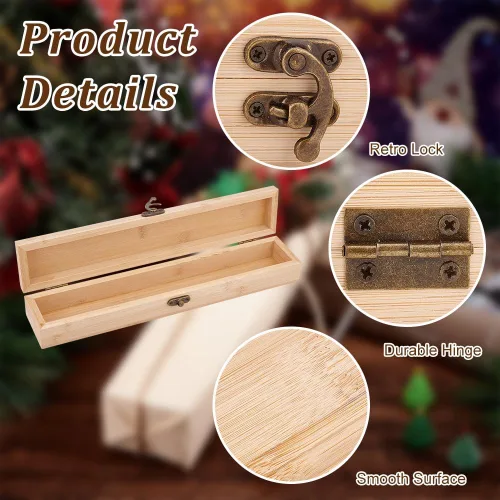 Vista 4 de OLYCRAFT Caja de Madera Sin Terminar - Caja de Almacenamiento Rectangular de Lápices de Bambú de 12x2.2x1.8 Pulgadas con Tapa con Bisagras y Cierre