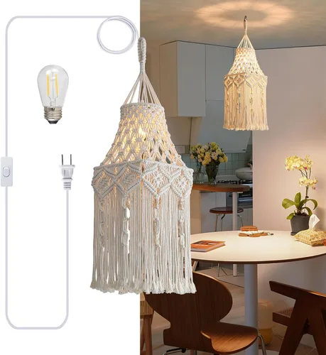 Vista 9 de Bioaqua Pantalla de Lámpara Colgante Boho, Luz Colgante de Macramé, Luminaria Boho Hecha a Mano con Cable de Enchufe para Hogar, Sala de Estar