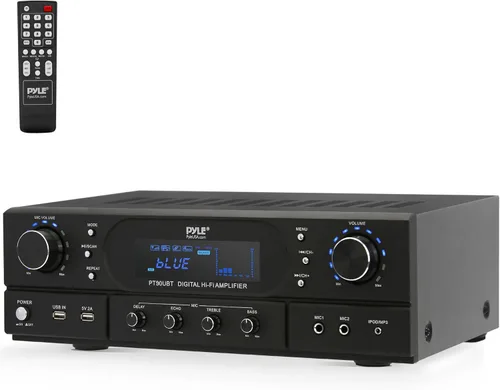 Vista 9 de Pyle Amplificador receptor de cine en casa Bluetooth – Amplificador de potencia máxima de 180 W con agudos, graves, control de eco, MP3/USB/FM