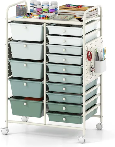 Vista 13 de Giantex Carrito de almacenamiento rodante con 10 cajones, carrito utilitario con tablero, organizador de cajones con ruedas para manualidades, arte