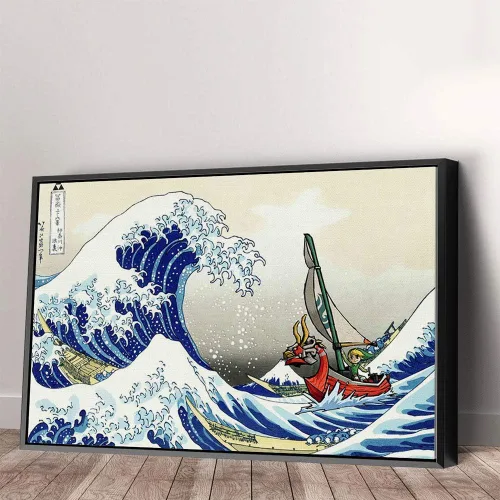 Vista 4 de Arte de Lienzo para Pared con Dibujos Animados Inspirado en la Gran Ola de Kanagawa Estampado de Océano Estilo Anime Japonés Decoración