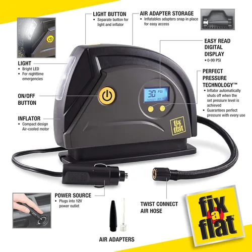 Vista 6 de Fix-a-Flat Inflador de neumáticos S40074, compresor de aire portátil para automóvil, apagado automático Inflate Right, con pantalla digital de 99