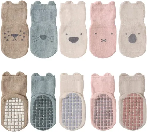 Vista 12 de 5 pares de calcetines antideslizantes de algodón para bebés y niños pequeños con diseño de animales