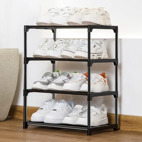 Vista 2 de Zapatero pequeño apilable para armario de 4 niveles, organizador resistente para puerta delantera, entrada y entrada, estante de metal para zapatos
