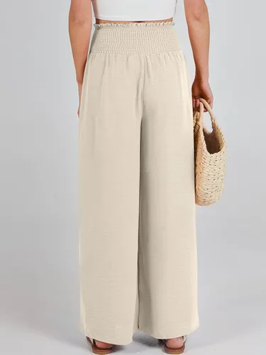 Vista 4 de Caracilia Pantalones de descanso de pierna ancha para mujer con bolsillos, cintura alta, pantalones palazzo largos y fluidos, ajustables, con nudo