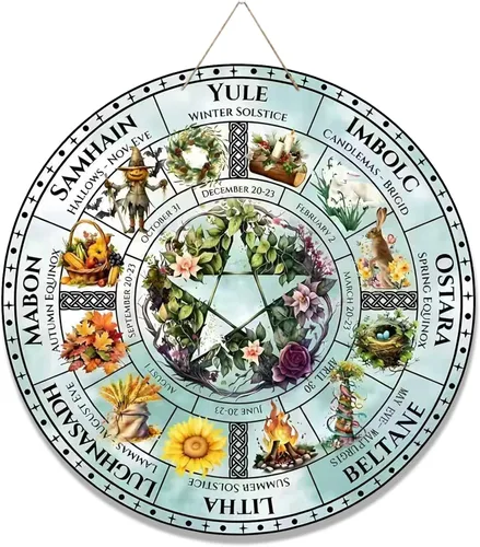 Vista 12 de Rueda del Año - Placa de madera de 30 cm, símbolos paganos de Sabbats, runas de brujas, tabla grabada en madera, vacaciones wiccanas, calendario