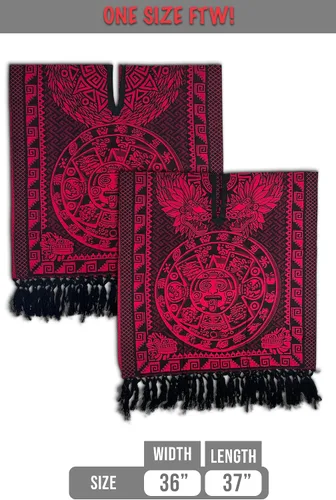 Vista 4 de ShirtBANC Poncho de serape mexicano, capa azteca, calendario quetzalcoatl fabricado en México