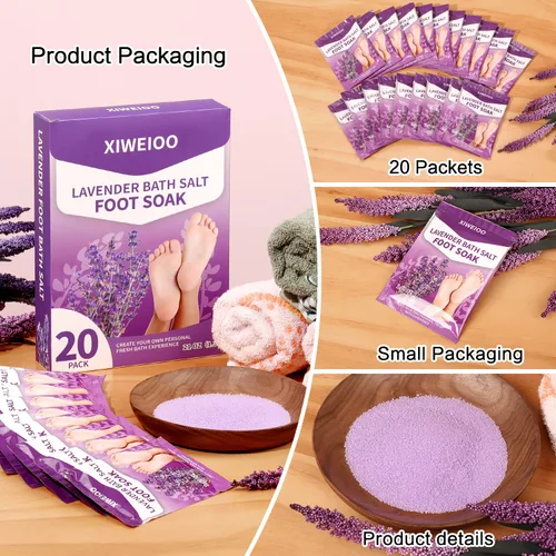 Vista 2 de Sales de remojo de pies con sal de Epsom para remojar lavanda kit de pedicura para baño de pies, paquete de 20 sales marinas de baño, pedicura