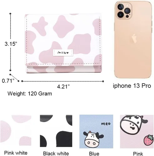 Vista 4 de Sunwel Fashion Billetera pequeña con estampado de vaca para niñas, con bolsillo para efectivo, tarjetero con ventana de identificación para mujer