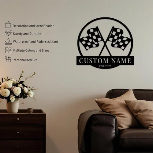 Vista 2 de Letrero de metal personalizado con bandera de carreras a cuadros, arte de pared de metal personalizado, letrero de nombre con monograma de bandera a