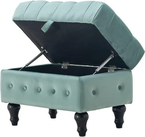 Vista 11 de Mesa de Centro Otomana de Almacenamiento Rectangular, Reposapiés Otomana de Dormitorio con Tapicería de Terciopelo Abotonado Capitoné para Sala