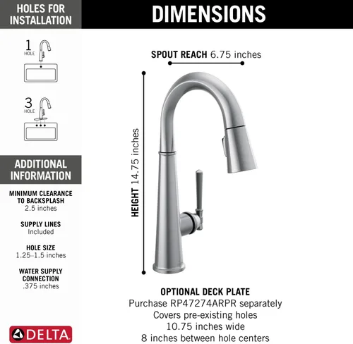 Vista 4 de Delta Faucet Lumicoat Arctic Stainless 9982-AR-PR-DST - Grifo de barra de níquel cepillado, grifo de fregadero de barra con rociador extraíble