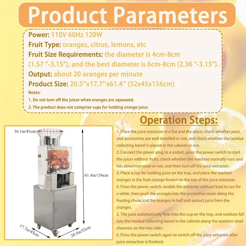 Vista 3 de Exprimidor de naranja comercial 110 V Vertical Orange Juice Extractor Machine Citrus Lemon Squeezer 20PCS/Min, con gabinete de acero inoxidable