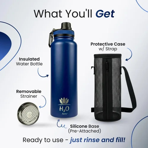 Vista 3 de Botella de agua prémium de 1 litro (33.8 onzas) con funda de transporte y correa, botella de agua de acero inoxidable aislada al vacío de doble Negro