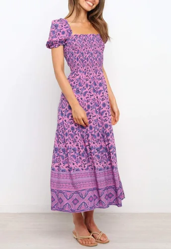 Vista 7 de ZESICA - Vestido de verano largo para mujer, diseño acampanado con cuello cuadrado y volantes, estampado floral y bohemio, para la playa