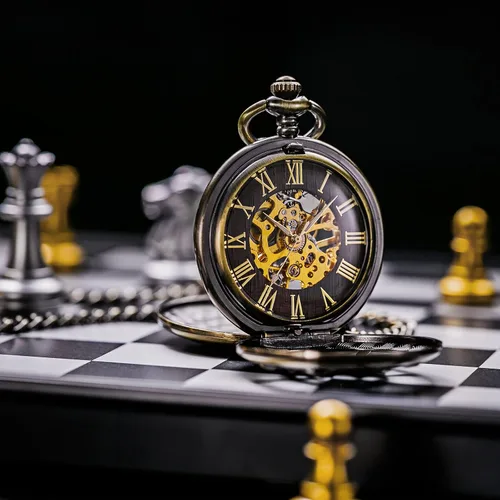 Vista 6 de TREEWETO Reloj de bolsillo con doble cubierta de bronce con números romanos para hombre y mujer
