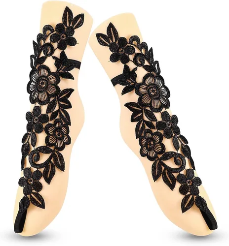 Vista 2 de 1 par de tobilleras con bordado de flores huecas con anillo para los dedos del pie, encaje floral descalzo, delicado y sexy encaje de ganchillo
