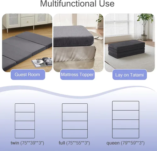 Vista 4 de MeMoreCool Colchón plegable de futón doble, colchón plegable japonés, tapete para dormir para adultos, invitados, fiestas de pijamas, tapete