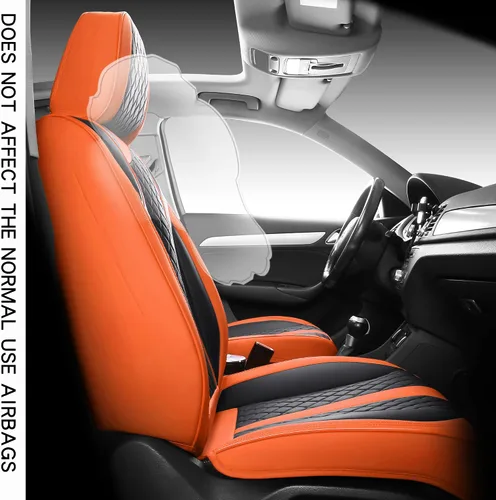 Vista 7 de LGOSG - Juego completo de fundas de cuero para asientos delanteros y traseros para sedán, SUV, 5 asientos, ajuste universal (negro naranja)