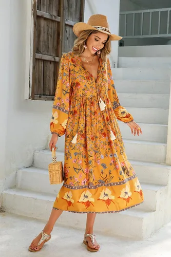 Vista 2 de R.Vivimos - Vestidos por debajo de la rodilla, de manga larga, con estampado floral, de estilo retro y bohemio, con cuello en V y borlas para mujer