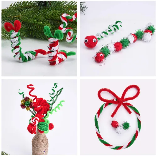 Vista 7 de Juego de tallos de limpieza de felpilla de pipa de Navidad, pompones para manualidades, suministros de decoración autoadhesivos