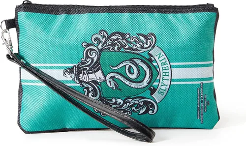 Vista 3 de Escudo de Slytherin Vertical Rayas Verde Gris lona cierre Cartera grande