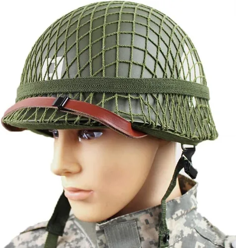 Vista 2 de WW2 Ejército de EE. UU. M1 Réplica de casco verde con red/lona correa de barbilla DIY pintura