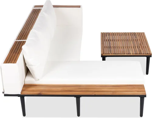 Vista 9 de KLMM Sofá modular de madera de acacia en forma de L para patio con cojines extraíbles y mesa auxiliar, juego de conversación al aire libre con mesa