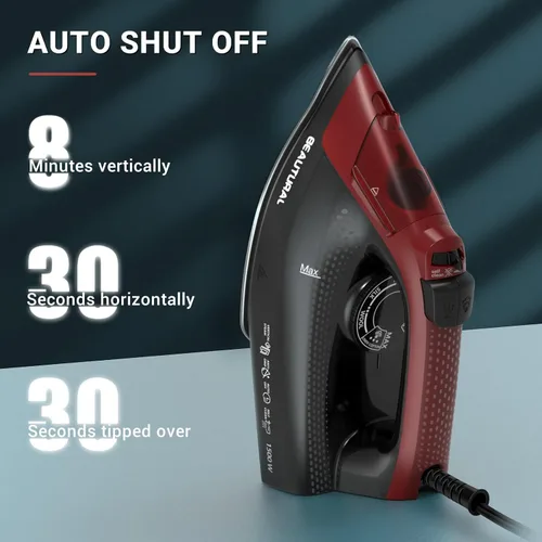 Vista 6 de BEAUTURAL Plancha de vapor para ropa, suela recubierta de cerámica con vapor de ráfaga, apagado automático de 3 vías, antigoteo y anti-calco