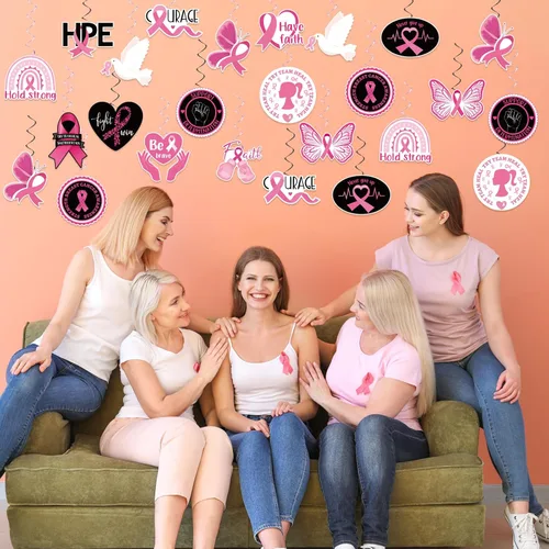 Vista 6 de 60 piezas de remolinos de fiesta de concientización sobre el cáncer de mama, cinta rosa, remolinos colgantes, esperanza, fuerza, coraje, fe, negro
