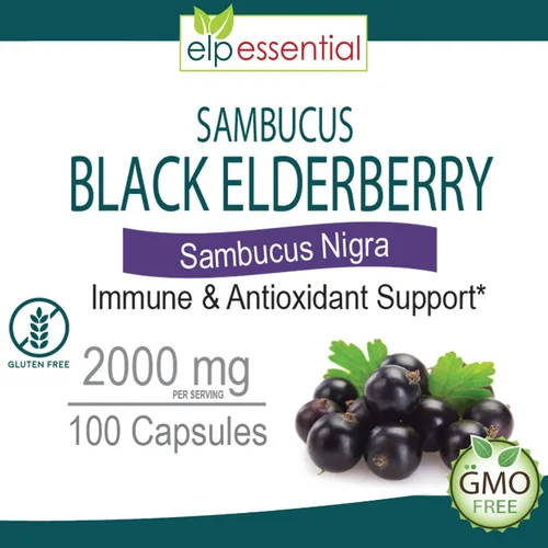 Vista 3 de ELP ESSENTIAL Cápsulas de saúco negro de 2000 mg 100 unidades Extracto de Sambucus súper concentrado, antioxidante e inmune (paquete de 2)