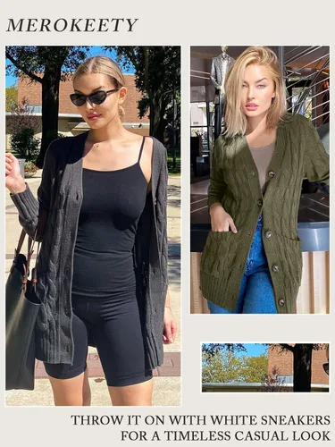 Vista 5 de MEROKEETY - Suéter de punto trenzado y manga larga para mujer, estilo cárdigan abierto al frente, con botones, para otoño, ropa de exterior holgada