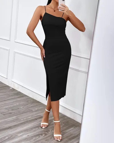 Vista 7 de PRETTYGARDEN Vestidos de verano para mujer, sexy, con tirantes delgados, dobladillo dividido, sin mangas, con cremallera, para cóctel, vestido midi