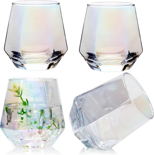 Vista 9 de Juego de 4 copas de vino, sin tallo, transparentes de 10 onzas, copas de vidrio geométricas con forma de diamante, hermosas copas de vino sin tallo