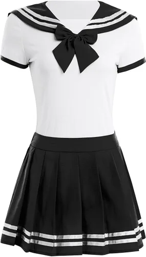 Vista 5 de Fldy Conjunto de 2 piezas de anime para colegialas Sweety Uniforme, traje de cuello azul marino con minifalda