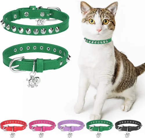 Vista 27 de Collares de cuero DILLYBUD para gatos macho y hembra con campana y cinturón elástico de seguridad, collar ajustable con hebilla de seguridad