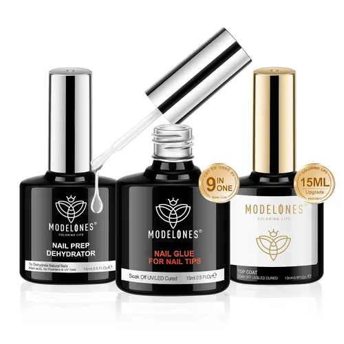 Vista 16 de Modelones - Juego de pegamento en gel para uñas de 9 en 1 con cepillo, gel de uñas de 15 ml para strass, gel de base, kit de gel de uñas de arte