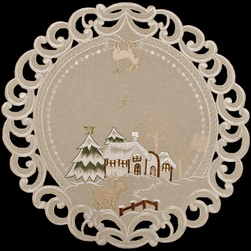 Vista 2 de Mantel individual bordado rústico beige para Navidad, invierno, nieve, mantel individual (16 pulgadas, redondo)