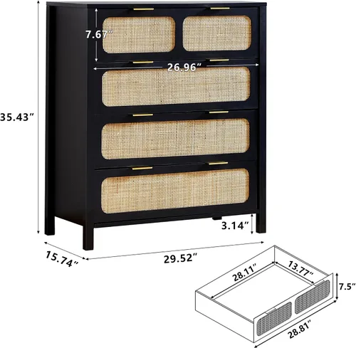 Vista 2 de LEVNARY Cómoda de 4 cajones para dormitorio, cajones de ratán con asas de metal, cómoda de madera para dormitorio, entrada, sala de estar, pasillo