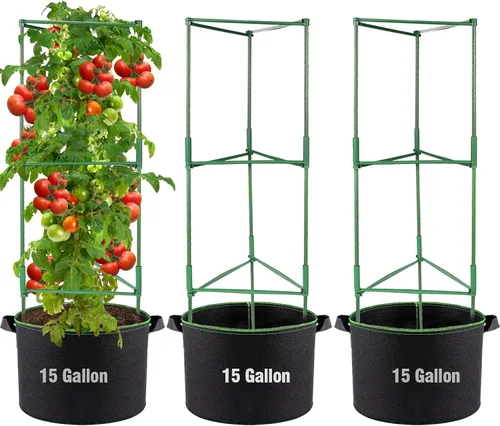 Vista 9 de ANPHSIN Jaula de tomate triangular resistente con bolsas de cultivo móviles de 7 galones, 3 juegos de macetas de enrejado de jardín de 47 pulgadas
