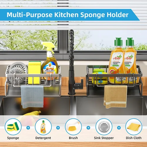 Vista 4 de Soporte de esponja para fregadero de cocina, organizador de fregadero de cocina autodrenante, organizador de esponja de acero inoxidable con estante