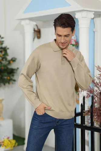 Vista 4 de Polo de punto casual para hombre, camisa clásica de manga larga, térmica, básica, con botones