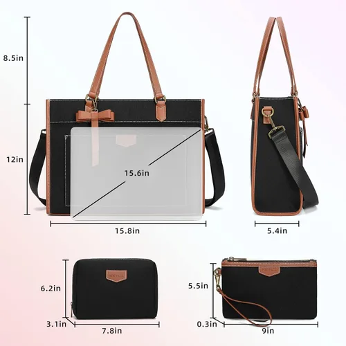 Vista 3 de Keyli 3 piezas Bolsa para Laptop para Mujeres, 15.6 Pulgadas Bolsa de Lona Tote Bolsas de Trabajo Grandes Maletín de Computadora de Negocios Bolso