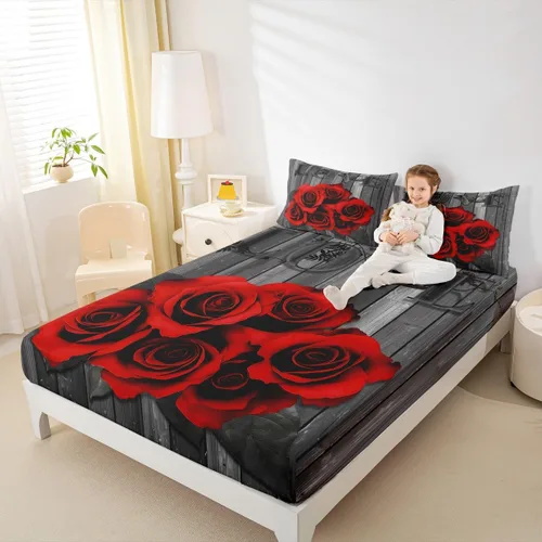 Vista 8 de Erosebridal Juego de sábanas de rosas rojas, tamaño individual, color rojo y negro, para niñas, mujeres, hombres, parejas, romántico, floral