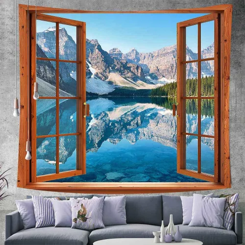 Vista 4 de Aidatain Tapiz de ventana de montaña, lago, bosque, escena, paisaje natural, para colgar en la pared, tapices grandes de franela de 84 x 90