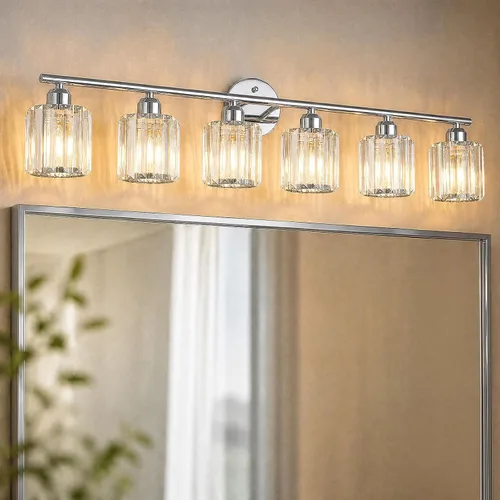 Vista 13 de Lámpara de tocador moderna de cristal de 2 luces, accesorio de luz vertical dorada para baño sobre espejo para mesa de tocador y fregadero