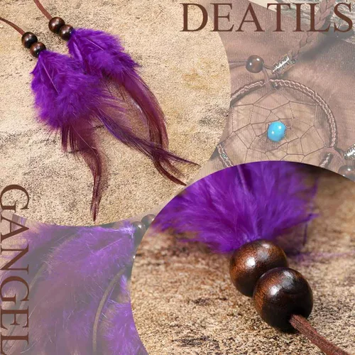 Vista 4 de Gangel Diadema de plumas turquesas, tocado indio gitano, atrapasueños, hippie, plumas, con plumas moradas, cuerda de cáñamo larga con borla