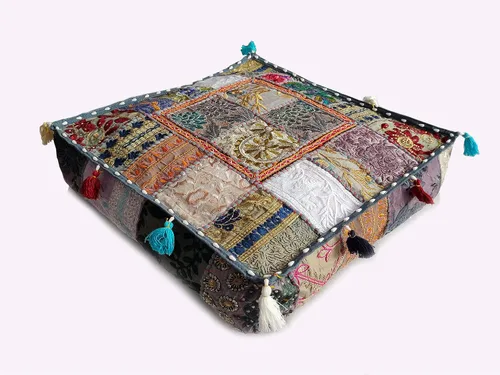 Vista 14 de CRAFT KALA Funda de Puf Tradicional de Retazos Cuadrada India Pufs de Sala de Estar India Otomana de Diseñador Bordada Decorativa Hogar Vida Rosa