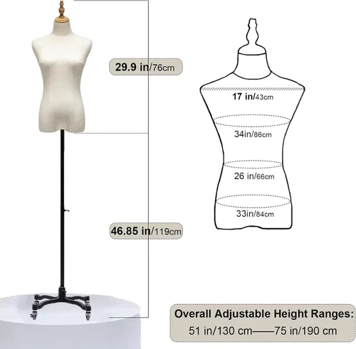 Vista 3 de Maniquí de torso con soporte, 51-75 pulgadas, altura ajustable, cuerpo de maniquí femenino sobre ruedas, exhibición de maniquí de ropa para tiendas