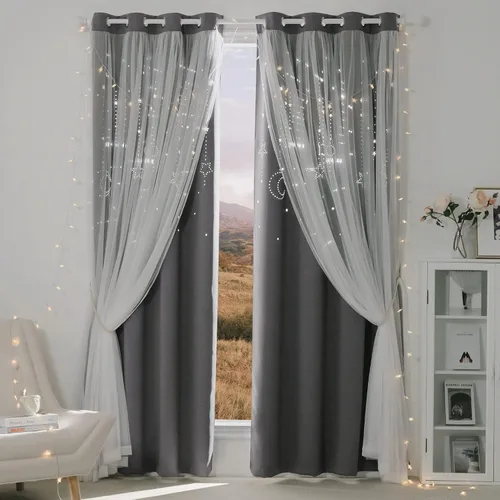 Vista 34 de NICETOWN Cortinas para Dormitorio de Niñas Infantiles con Estrellas Caladas Ventana 2 Capas Cortina 63 Pulgadas de Longitud Oscurecimiento